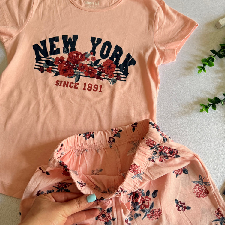 ست تیشرت شلوارک نخی دخترونه طرح New York